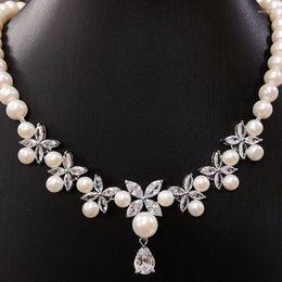 Chains Freshwater Pearl White Near Round 6-7mm Necklace Flower Pendant