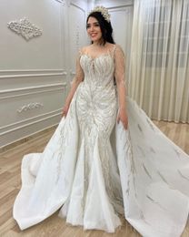 2023 Arabic Aso Ebi Lace Beaded Weddomg Dress Sheer Neck Tulle Detachable Train Bridal Gowns Dresses ZJ1155