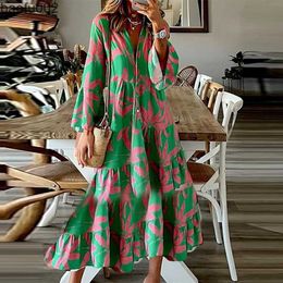 Casual Dresses Fashion Summer Women Shirt Dress Casual Pattern Print A Line Dress Ladies Long Flared Sleeve Bohemian Beach Dress Sundress W0315