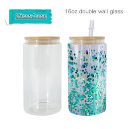 US warehouse 16oz Sublimation Double Wall Tumbler Clear Beer Glass Heat Transfer Blank Glass Can With Bamboo Lid & Straw Christmas Snowball Drinking Cups B5