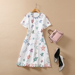 Summer Short Sleeve Round Neck Dress White Solid Colour Stars Moon Sequins Knee-Length Elegant Casual Dresses 22Q192317