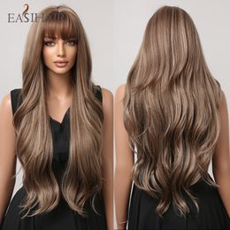 Synthetic Wigs EASIHAIR Brown Mixed Blonde with Bang Long Natural Wavy Hair Wig for Black Women Daily Cosplay Use Heat Resistant 230314