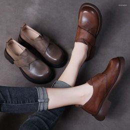 Dress Shoes Brand Women Round Toe Genuine Cow Leather Handmade Retro Thick Heel Casual Loafers Soft Sole Single