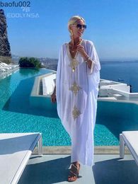 Casual Dresses 2023 Elegant Gold Embroidered Kaftan Retro V-neck White Dress Women Clothes Summer Beach Wear Swim Maxi Dresses N1373 W0315