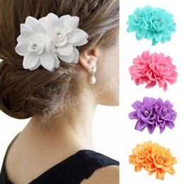 Crystal Flower Hair Clip Wedding Bridesmaid Barrette Double Rose Hairpins Solid Colour Hair Accessories Bridal Flower Headwear