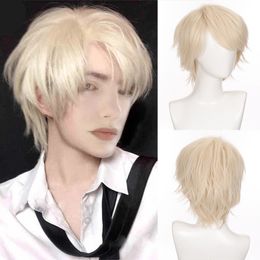 Synthetic Wigs Ailiade Fashion Men Short Wig Light Yellow Blonde With Bangs For Male Women Boy Cosplay Costume Anime Halloween 230314