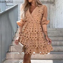 Casual Dresses Retro Solid Hollow Out Lace Shirt Dress Elegant Long Sleeve Tennis Beach Dress Spring Mesh Backless Sexy Mini Dress Robe Mujer W0315