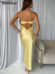 Casual Dresses Mozision Satin Backless Maxi Dress For Women Gown Fashion Strapless Sleeveless Bodycon Night Club Party Long Dress Vestido W0315