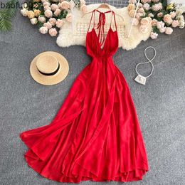 Casual Dresses ZCWXM Summer Women Sexy Off Shoulder Halter Dress Korean V Neck Party Backless Long Dresses Split Beach Red/Blue Robe W0315