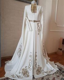 Elegant Moroccan Kaftan Wedding Dress Gold Embroidery High Neck Muslim Bridal Gowns Cape Long Sleeve Arabic Dubai Abaya satin A Line Formal Event Gowns