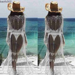 Casual Dresses Summer Women Sarong Lace Maxi Bikini Cover Up Pareo white beach dress Long Chiffon See Through Crochet Cardigan robe de plage W0315