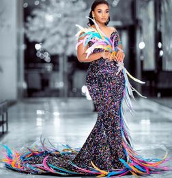 Arabic Aso Ebi Colourful Mermaid Prom Dresses Feather Sequined beaded Evening Second Engagement gown abendkleider lang luxurios