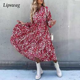 Casual Dresses Autumn Women Long Sleeve Lace-Up Party Dress Loose Floral Print Beach Office Lady Elegant V Neck Shirt