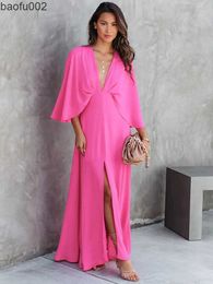 Casual Dresses Bohemian Solid V-Neck Dress Autumn 2023 Beach Dress Plus Size Women Loose Beachwear Kaftan Side Split Maxi Dress A2077 W0315