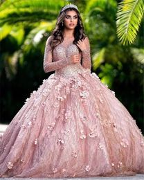 Glitter Flower Sequin Quinceanera Dresses Luxury Beaded Long Sleeve Party Prom Dress For Junior Girls 3D Floral Appliqued Ball Gown Sweet 15 Vestido