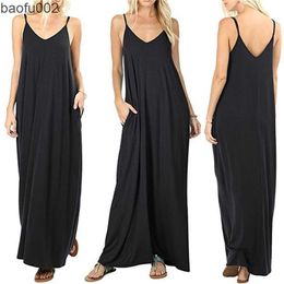 Casual Dresses Sexy Women Maxi Dress with Pockets Loose Sling Dress Female Summer Sleeveless V-neck Vest Long Women Dresses Vestidos New W0315