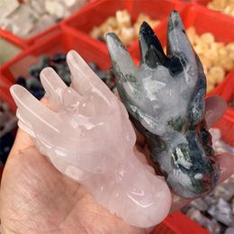 Decorative Figurines Natural Moss Agate Rose Quartz Dragon Head Skulls Crystal Statue Reiki Healing Stone Room Decor 1pcs