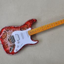 6 Strings Red Electric Guitar with Special Sticker Yellow Maple Fretboard SSH Pickups Customizable