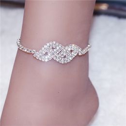 Festive Versatile Rhinestone Fried Dough Twists Anklet Chains Full Diamond Personality Feet Chain European and American Accessory Girl Body Chain 2PCS/Set