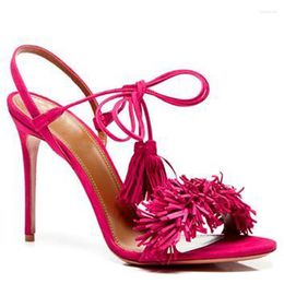 Sandals Sexy Yellow Fuchsia Suede Tassel High Heels Lace-up Fringe Peep Toe Women Thin Cutout Bandage Ball Dress Shoes