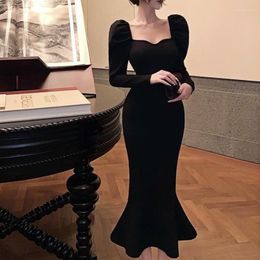 Casual Dresses 2023 Winter Vintage Mermaid Dress Women Slim Party One Piece Korean Fashion Long Sleeve Black Y2k Midi Lady Elegant