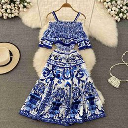 Casual Dresses Summer Fashion Runway Midi Dress Women's Cool Shoulder Flare Sleeve Blue and White Porcelain Printing Holiday Beach Vestidos W0315