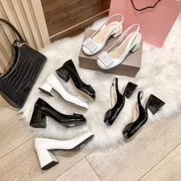 miui Heels Sandals High Shoes Women Patent Leather Square Toe Pumps Metal Decoration Slip On Slides Fashion Shallow Shoes Black white high-heeled shoes miumiuss