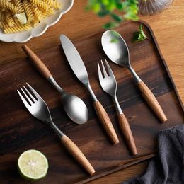 Dinnerware Sets Premium 3/5PCS 304 Stainless Steel Western Cutlery Set Wooden Handle Dinner Fork Knife Matte Flatware Tableware