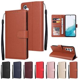 PU Leather Wallet Cases For Samsung A05 A05S S23 FE A04E A34 A54 A74 A24 Galaxy Note 20 Ultra Luxury Plain Frame ID Credit 3 Cards Slot Holder Flip Cover Pouch With Lanyard