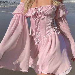 Casual Dresses Fairy Pink Chiffon Mini Dress Chic Women Bandage Corset Vintage Long Puff Sleeve Sundress Slash Neck Bridesmaid Bodycon Beach W0315