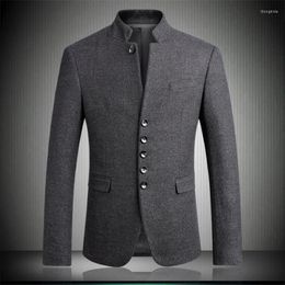 Men's Suits 2023 Men Blazers Arrival Woolen Stand Collar Chinese Tunic Fashion Gentleman Slim Fit Party Blazer Gray M-3XL 4XL 6622