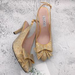 Dress Shoes CHS1249 Custom Handmade SlingBacks Pumps Big Size High Heel Women Bridal Wedding Champagne Gold Crystal