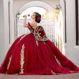Red Ball Gown Quinceanera Dresses Long Sleeves Appliques Lace Sweet 16 Prom Party Dress vestido de 15 anos