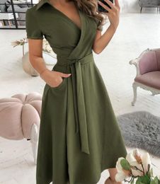 Designer Women's Fashion Casual Dress Women Pocket Midi Dress Female Sexy slim fitting dress Sping Summer Turn Down Collar Short Sleeve Tunic Wrap DressesVGRL