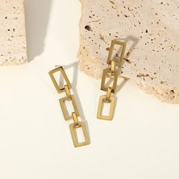 Hoop Earrings & Huggie Stainless Steel Metal 14K Gold Jewelry Three Hollow Rectangular Long Chain Drop Women Gift