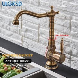 Kitchen Faucets ULGKSD Antique Brass Basin Faucet Carved Pattern Vessel Sink Tap Long Nose Deck Mount Bathroom Mixer Taps Single Handle1