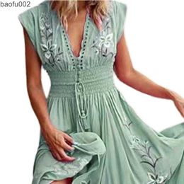 Casual Dresses Bohemian Women Dress Floral Print Lace-up Tassel Large Hem Dress Summer Vintage Maxi Dress Beach W0315