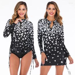 Women's Swimwear Women's Long Sleeve Rash Guard Shirt With Briefs Sun UV Protection Beachwear Beach Cover Printed Swimming Suit Draw