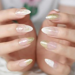 False Nails 24Pcs Fashion Transparent Acrylic Nail Stiletto French Pointed With Golden Glitter Full Cover Manicure Tool Z934