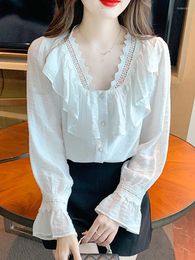 Women's Blouses Elegant Ruffle Fashion Blouse White V Neck Women Shirts Office Lady Long Sleeve Woman Tops Buttons Female Clothing 24562
