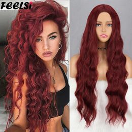 Synthetic Wigs Red Long Water Wave Wig golden Black Pink Pure Cosplay For Women Hair Heat Resistant Temperature Fibre 230314