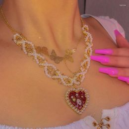 Choker Korean Charms Pearl Heart Shaped Crystal Pendant Necklace Vintage Harajuku Y2K Punk Gossip Girl 90s Jewellery Gift