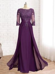 Elegant Grape Mother of the Bride Dresses Jewel 3/4 Sleeve Chiffon Lace Beading Ruffles Sheath Wedding Party Gowns vestidos para madre de novia 2023