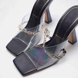 Sandals Women Pumps Shoes New Simple Square Toe Chain Plastic Transparent High H