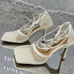 Sandals Summer Internal Celebrity Fashio Stiletto High Heels Square Toe Shallow Cut Out Cover Cross-tied Mesh Women