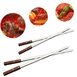 Dinnerware Sets BBQ Fork Skewer Metal Stick With Wooden Handle Stainless Steel Flat Outdoor Accessories Roasting Kitchen Tools 23 Inch