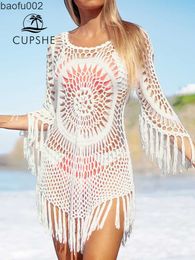 Casual Dresses White Crochet Bikini Cover Up with Fringe Trim Women Sexy Hollow Tunic Beach Dress 2023 Summer Bathing Suit Beachwear W0315