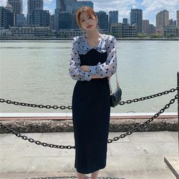 Casual Dresses Real S 2023 Autumn Long Skirt Female Net Yarn Wave Dot Stitching Ruffled Doll Collar Long-sleeved Dress