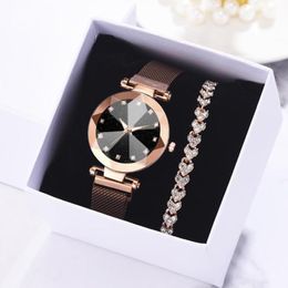 Wristwatches Drop 2pcs Watch Bracelet Set With Box Luxury Women Watches Magnet Fashion Diamond Wristwatch Reloj MujerWristwatches