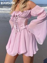 Casual Dresses IAMSURE Beach Style Vintage Chiffon Dress With Corset Bandage Hollow Out Bustier Prairie Chic Flare Sleeve Dresses 2 Pieces Set W0315